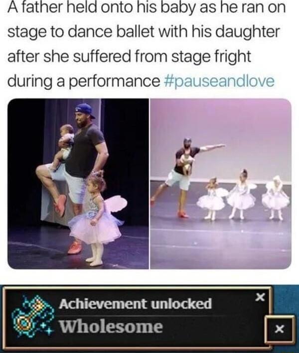 Afather held onto his baby as he ran on stage to dance ballet with his daughter after she suffered from stage fright during a performance pa ndl