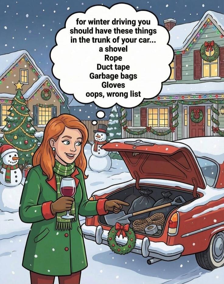 for winter driving you should have these things in the trunk of your car... a shovel Rope Duct tape Garbage bags Gloves oops, wrong list