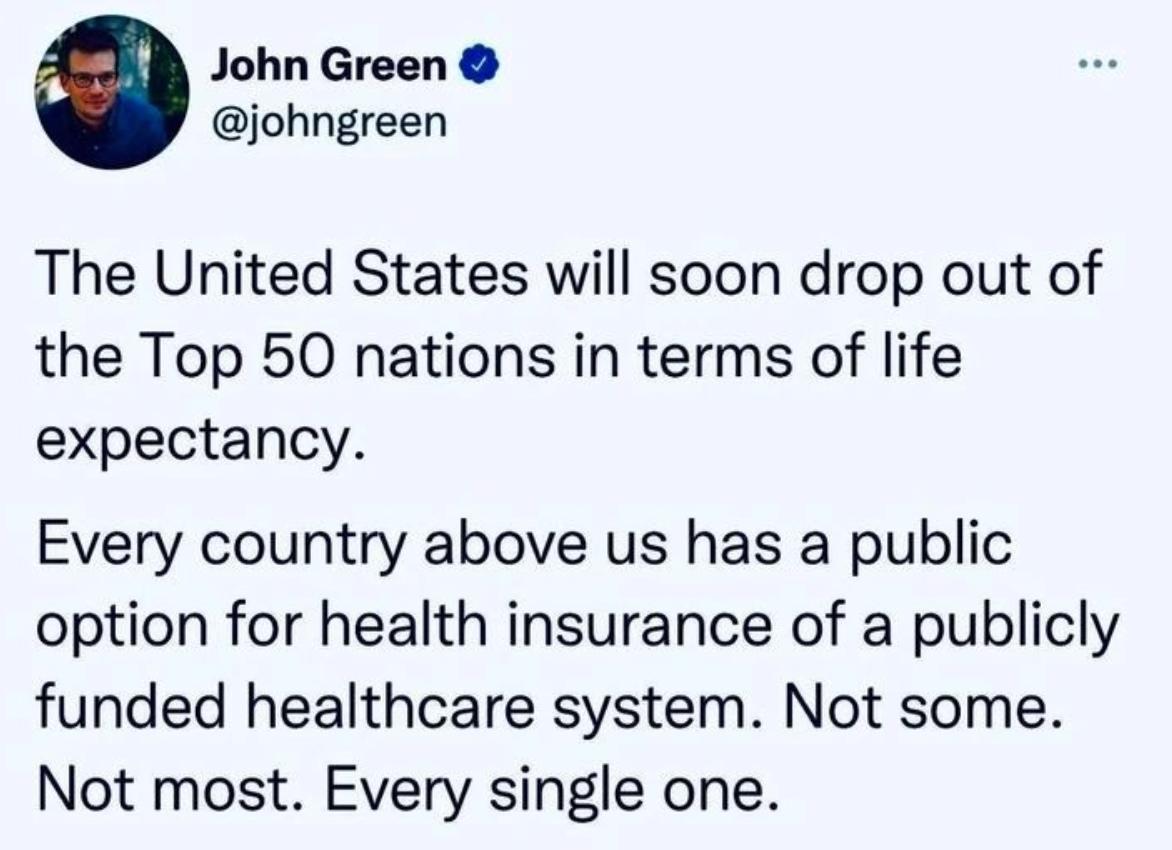 John Green johngreen The United States will soon drop out of the Top 50 nations in terms of life expectancy Every country above us has a public option for health insurance of a publicly funded healthcare system Not some Not most Every single one