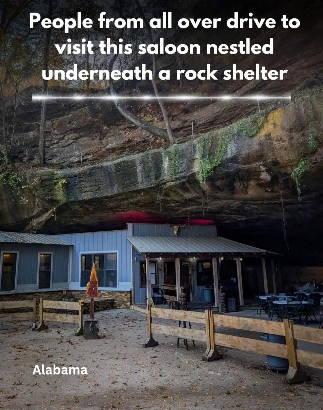 People from all over drive to visit this saloon nestled underneath a rock shelter Alabama