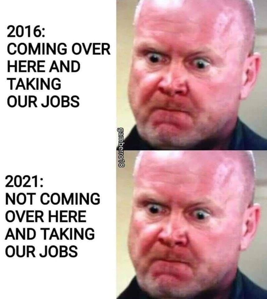 2016 COMING OVER HERE AND C o TAKING OUR JOBS 2021 NOT COMING OVER HERE Col S AND TAKING OUR JOBS y