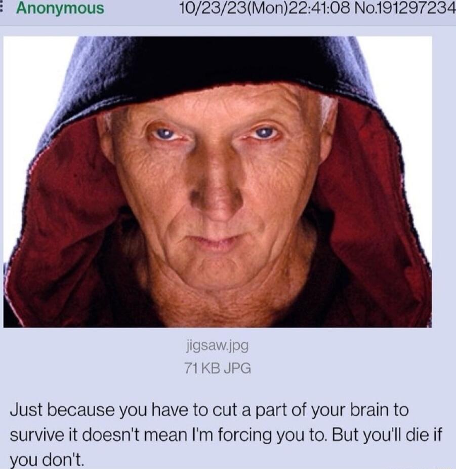 Anonymous 102323Mon224108 No191297234 Just because you have to cut a part of your brain to survive it doesnt mean Im forcing you to But youll die if you dont