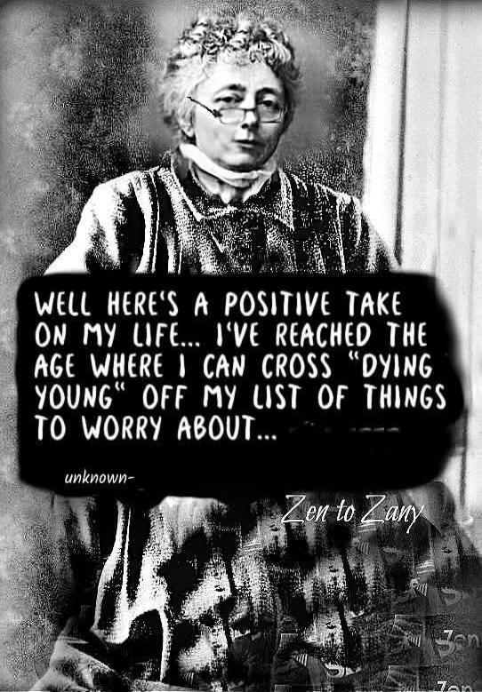 WELL HERE'S A POSITIVE TAKE ON MY LIFE... I'VE REACHED THE AGE WHERE I CAN CROSS 'DYING YOUNG' OFF MY LIST OF THINGS TO WORRY ABOUT... unknown- Zen to Zany