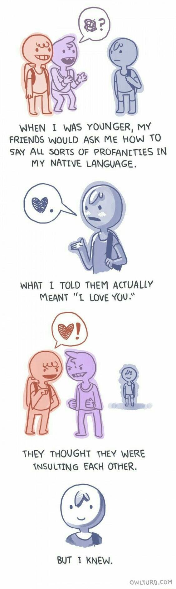 FRIENDS WOULD ASK ME HOW TO SAY ALL SORTS OF PROFANLTLES IN MY NATIVE LANGUAGE WHAT T TOLD THEM ACTUALLY MEANT 1 LOVE YOU THEY THOUGHT THEY WERE INSULTING EACH OTHER S BUT T KNEW OWLTURDCOM