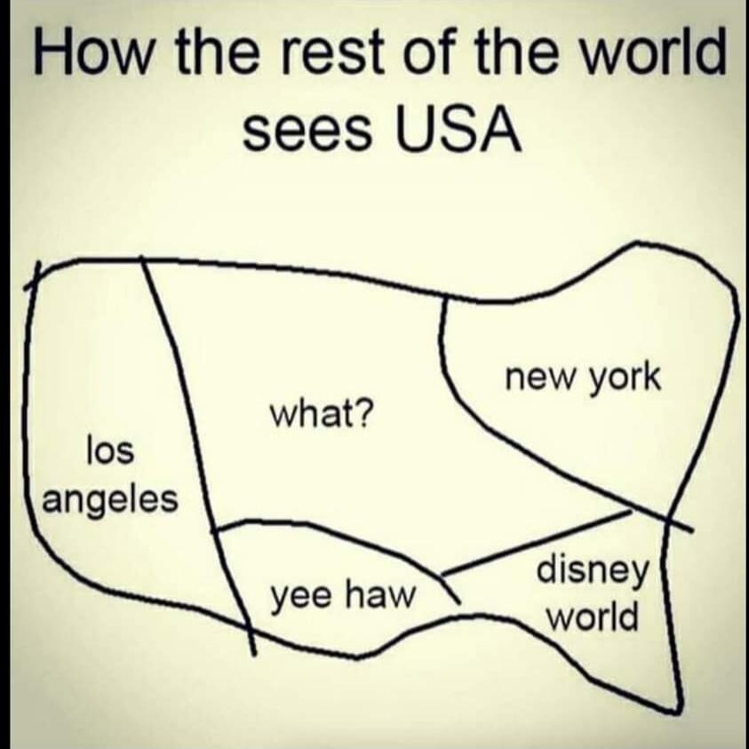 How the rest of the world sees USA. Los Angeles, what?, yee haw, New York, Disney World.