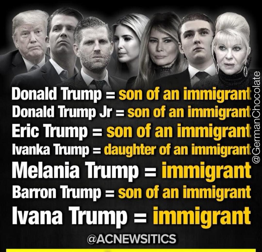 Donald Trump = son of an immigrant
Donald Trump Jr = son of an immigrant
Eric Trump = son of an immigrant
Ivanka Trump = daughter of an immigrant
Melania Trump = immigrant
Barron Trump = son of an immigrant
Ivana Trump = immigrant