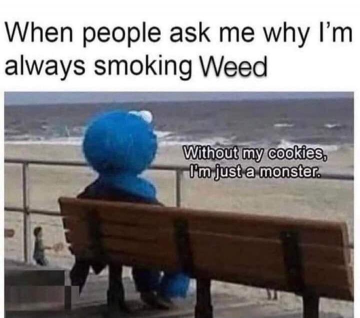 When people ask me why I'm always smoking Weed. Without my cookies, I'm just a monster.