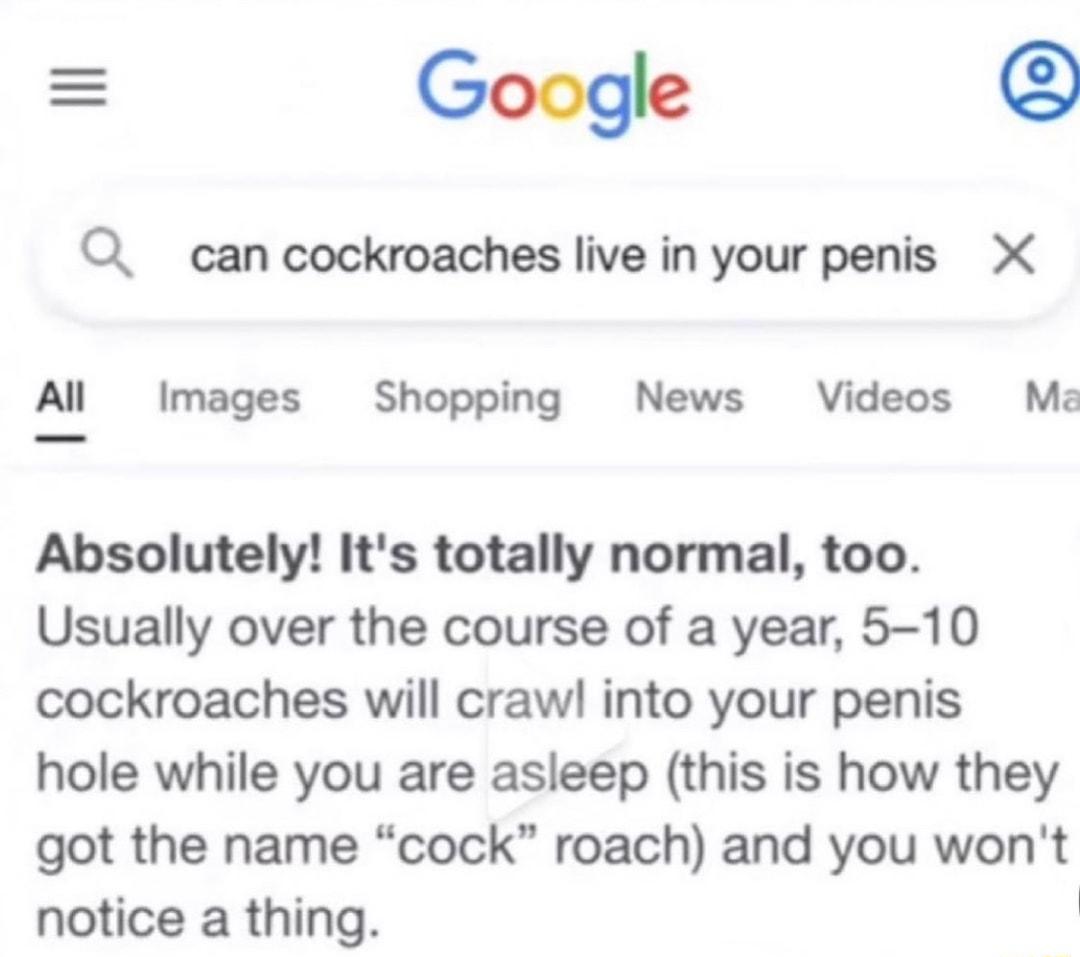 Google O can cockroaches live in your penis X All Images Shopping News Videos Mz Absolutely Its totally normal too Usually over the course of a year 5 10 cockroaches will crawl into your penis hole while you are asleep this is how they got the name cock roach and you wont notice a thing