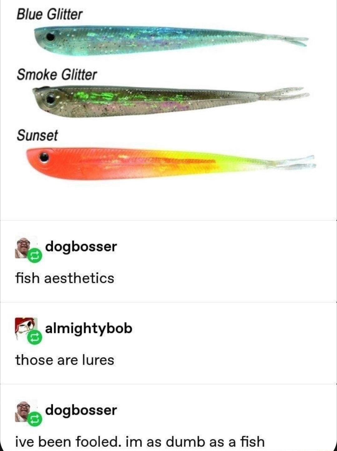 Blue Glitter Smoke Glitter Sunset dogbosler fish aesthetics q almightybob those are lures dogbosser ive been fooled im as dumb as a fish