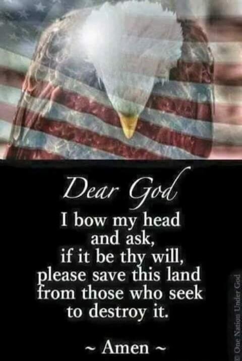 Dear God I bow my head and ask, if it be thy will, please save this land from those who seek to destroy it. Amen. One Nation Under God.