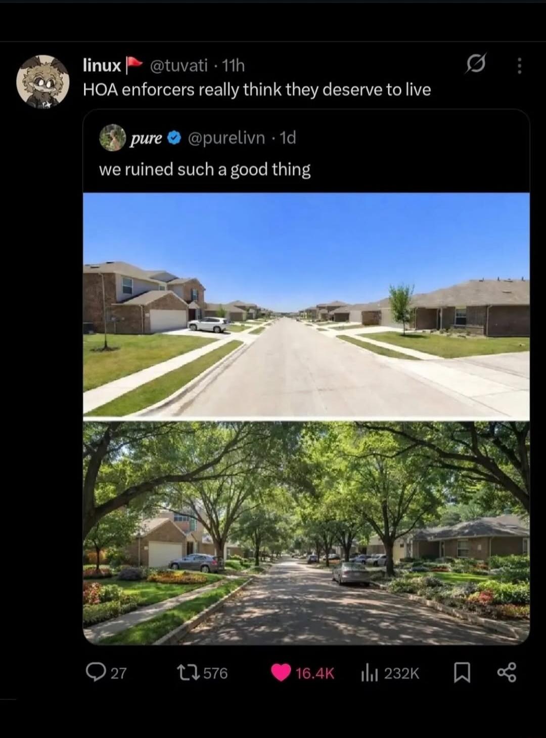 HOA enforcers really think they deserve to live. we ruined such a good thing. The top image shows a newly developed suburban street with uniform houses, sparse landscaping, and young trees under a clear blue sky. The bottom image shows a similar street, but with mature trees forming a dense canopy, lush gardens, and a more established, green enviro