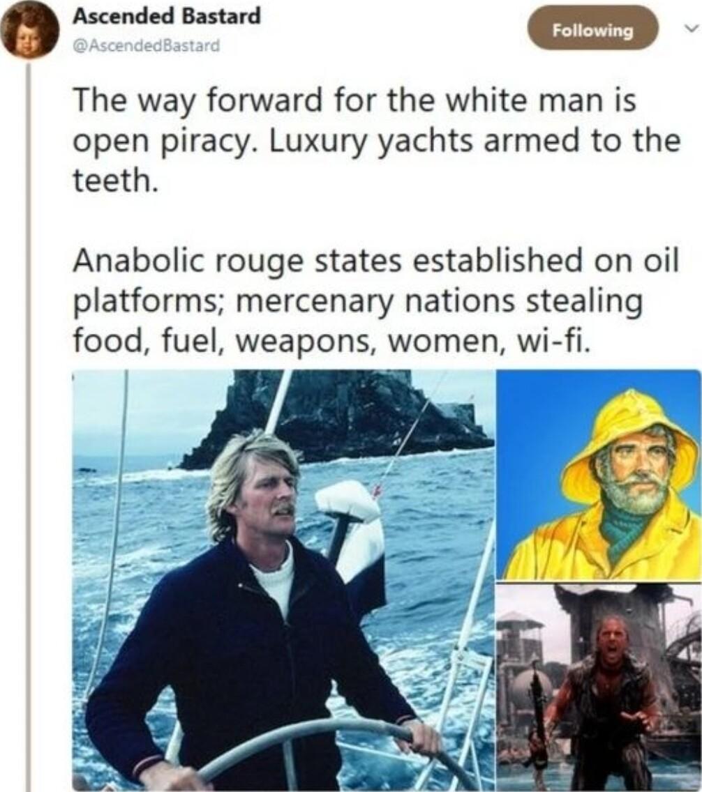 Ascended Bastard m The way forward for the white man is open piracy Luxury yachts armed to the teeth Anabolic rouge states established on oil platforms mercenary nations stealing food fuel weapons women wi fi
