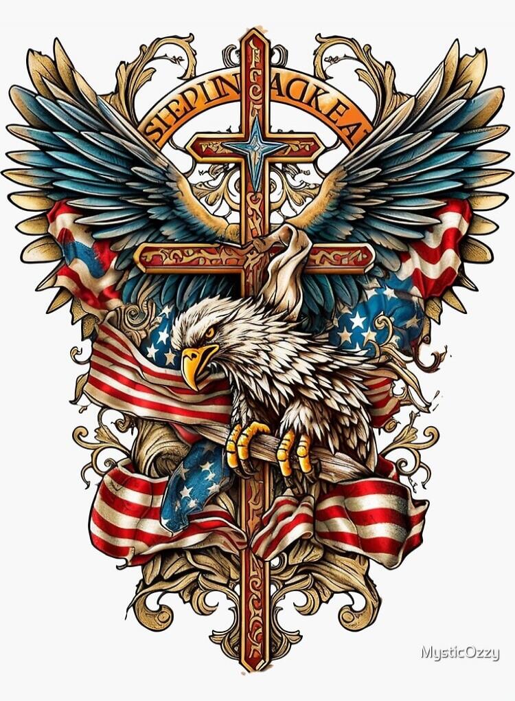 A detailed patriotic tattoo-style illustration featuring a bald eagle perched on a cross with American flags, wings spread, ornate scrollwork, and a cross at the center.
