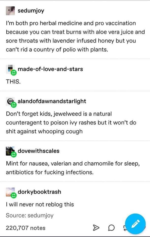 sedumjoy Im both pro herbal medicine and pro vaccination because you can treat burns with aloe vera juice and sore throats with lavender infused honey but you cant rid a country of polio with plants t made of love and stars THIS Q alandofdawnandstarlight Dont forget kids jewelweed is a natural counteragent to poison ivy rashes but it wont do shit against whooping cough dovewithscales Mint for naus