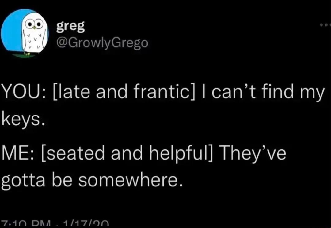 greg leld Vel Y1 YOU late and frantic cant find my keys ME seated and helpful Theyve gotta be somewhere 24 DM 414790