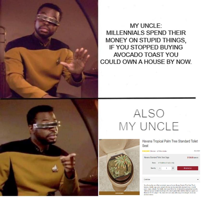 MY UNCLE MILLENNIALS SPEND THEIR MONEY ON STUPID THINGS IF YOU STOPPED BUYING AVOCADO TOAST YOU COULD OWN A HOUSE BY NOW ALSO MY UNCLE