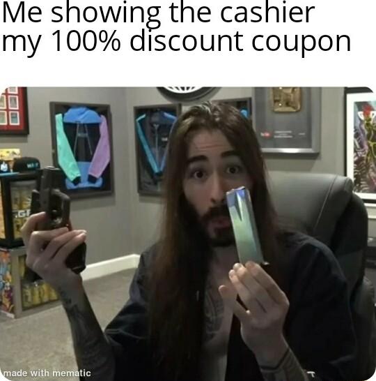 Me showing the cashier my 100 discount coupon