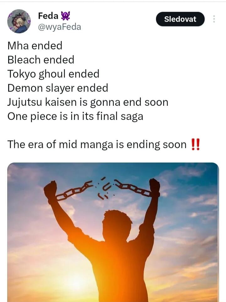 G wyaFeda Mha ended Bleach ended Tokyo ghoul ended Demon slayer ended Jujutsu kaisen is gonna end soon One piece is in its final saga The era of mid manga is ending soon 1
