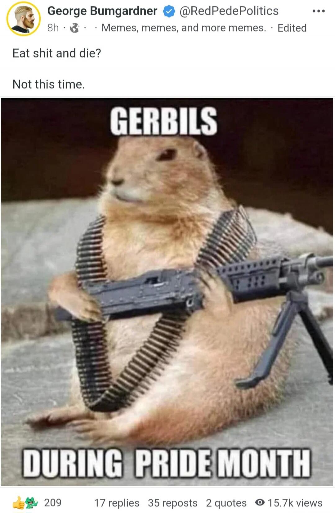 George Bumgardner @RedPedePolitics Memes, memes, and more memes. Edited. Eat shit and die? Not this time. GERBILS DURING PRIDE MONTH