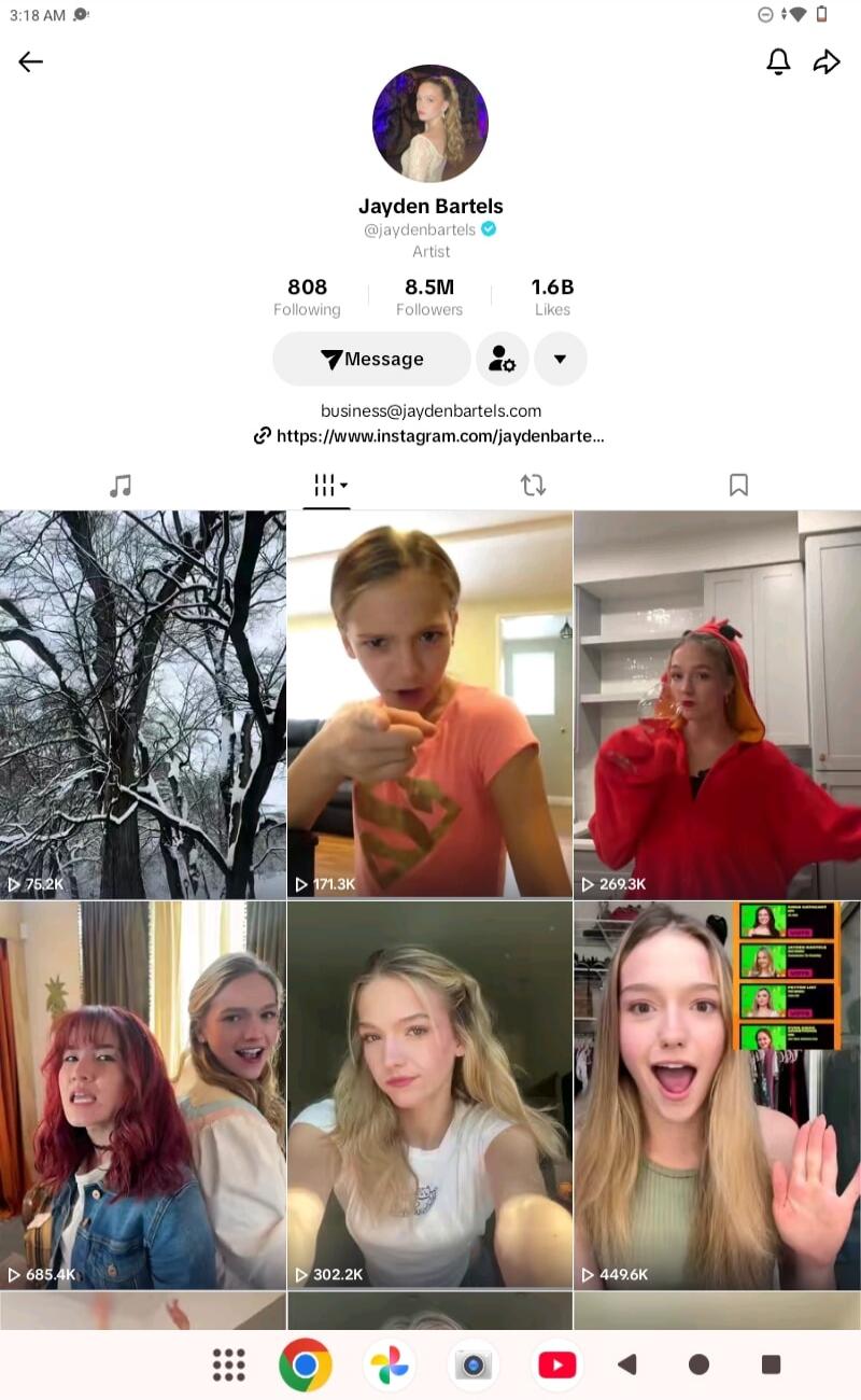 3:18 AM. Jayden Bartels. @jaydenbartels. Artist. 808 Following. 8.5M Followers. 1.6B Likes. Message. business@jaydenbartels.com. https://www.instagram.com/jaydenbartels. Videos include snowy trees, a young girl pointing, a girl in a red costume, two girls looking surprised, a blonde girl taking a selfie, and another blonde girl with an open mouth.