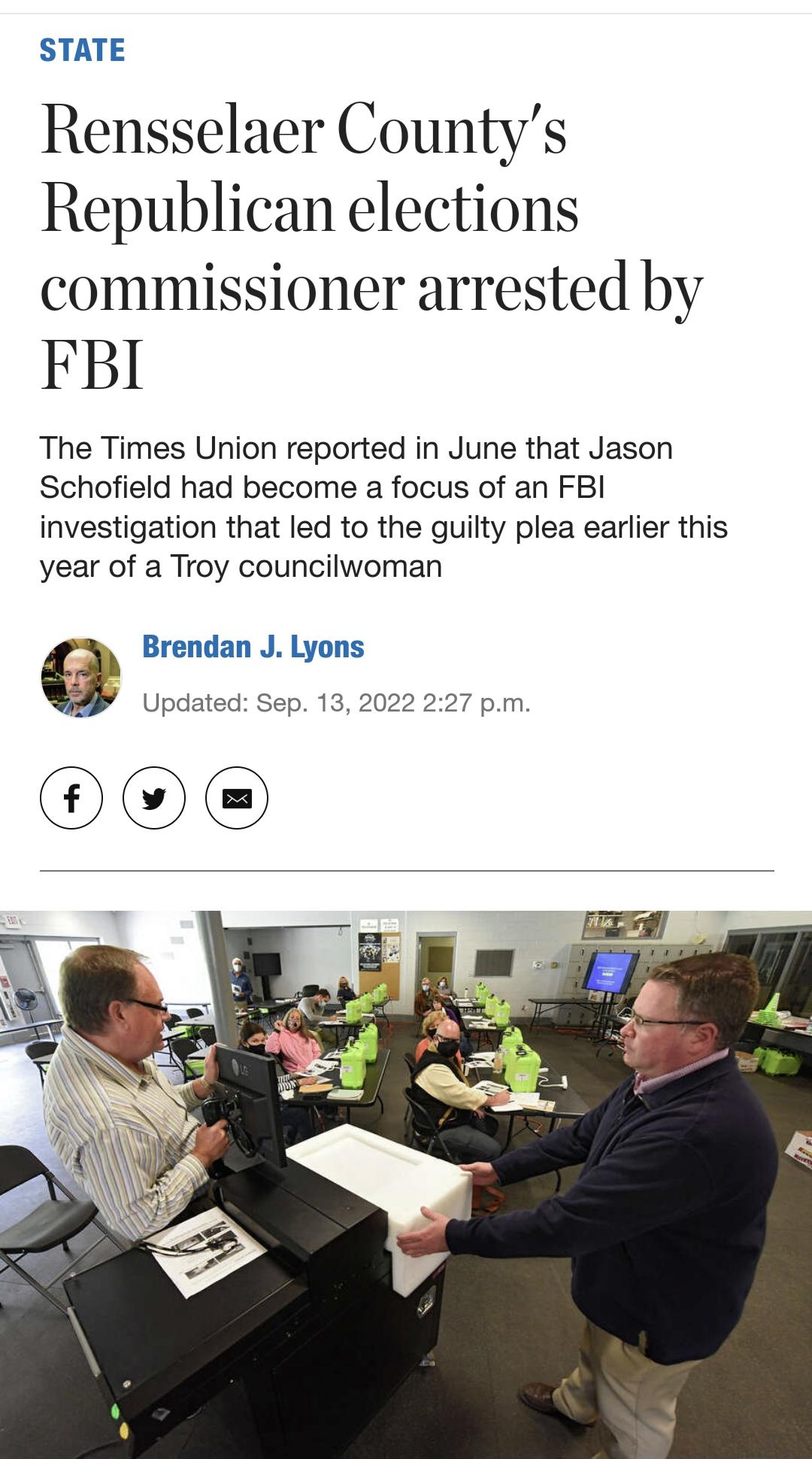 MiON Subscribe Sign In STATE Rensselaer Countys Republican elections commissioner arrested by FBI The Times Union reported in June that Jason Schofield had become a focus of an FBI investigation that led to the guilty plea earlier this year of a Troy councilwoman Brendan J Lyons