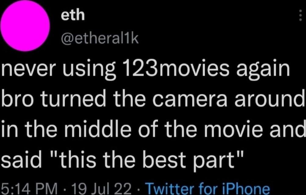 0 EGEIETIS never using 123movies again bro turned the camera around in the middle of the movie and said this the best part 514 PM 19 Jul 22 Twitter for iPhone