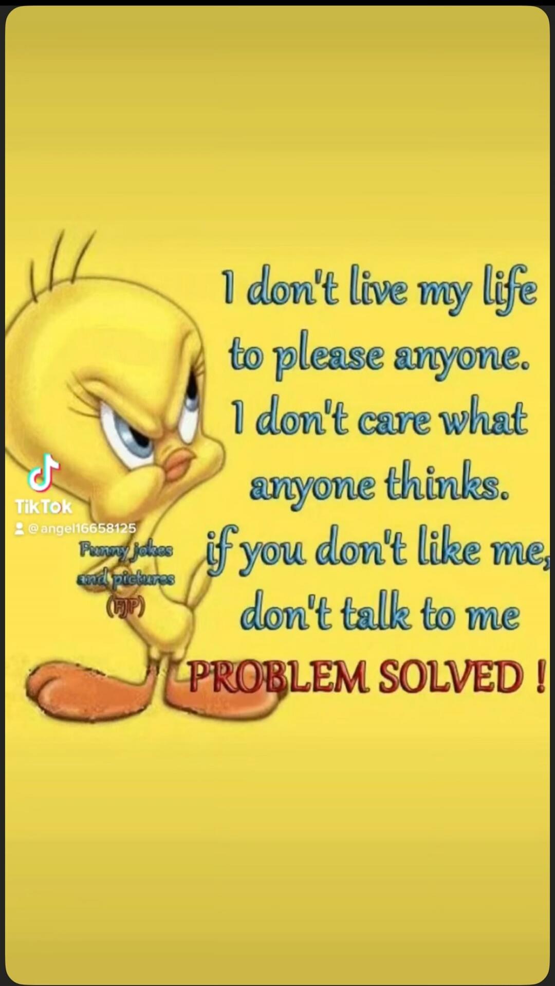 I don't live my life to please anyone. I don't care what anyone thinks. If you don't like me, don't talk to me. PROBLEM SOLVED! TikTok @angel16658125 Funny jokes and pictures (FJP)