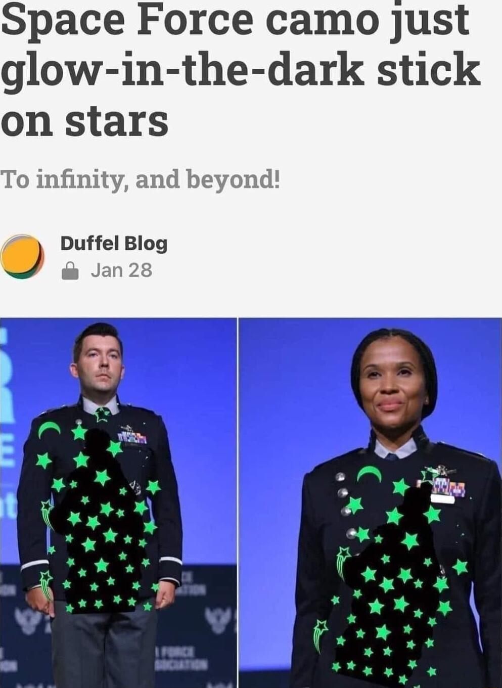 Space Force camo just glow in the dark stick on stars To infinity and beyond Duffel Blog Jan 28