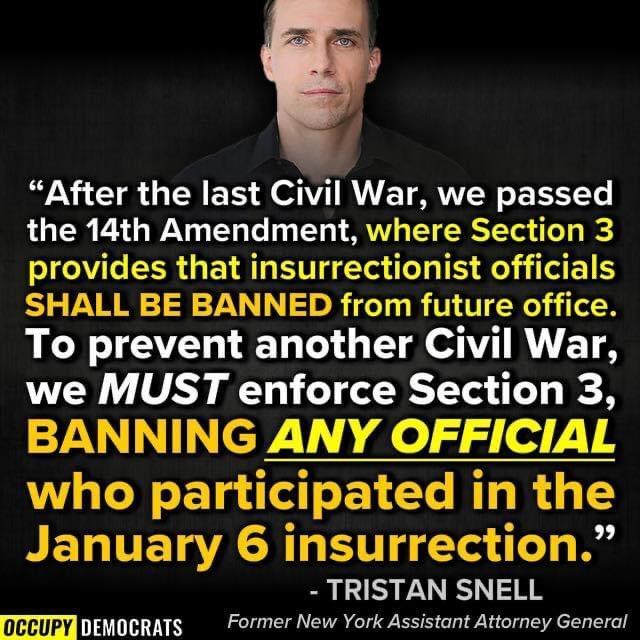 After the last Civil War we passed the 14th Amendment where Section 3 provides that insurrectionist officials SHALL BE BANNED from future office LY LGN G E TR ET S we MUST enforce Section 3 BANNING ANY OFFICIAL who participated in the January 6 insurrection TRISTAN SNELL FTTATTI DEMOCRATS Former New York Assistant Attorney General