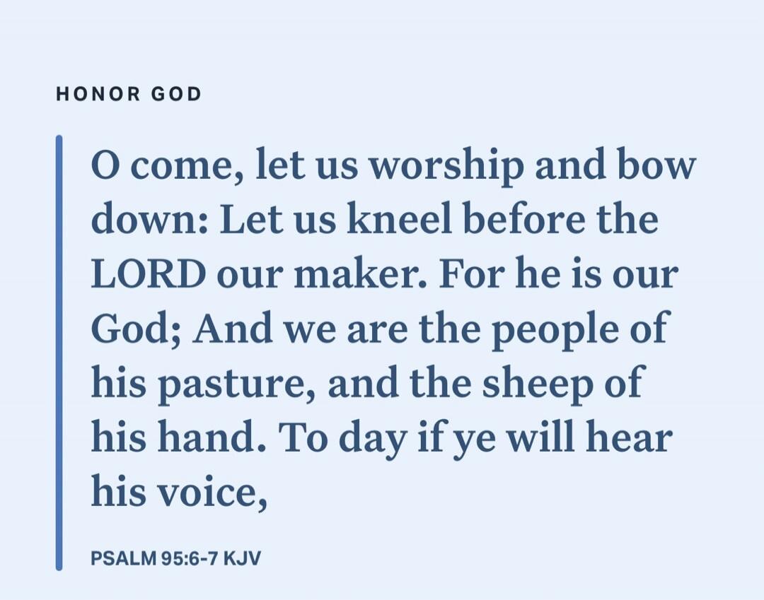 O come, let us worship and bow down: Let us kneel before the LORD our maker. For he is our God; And we are the people of his pasture, and the sheep of his hand. To day if ye will hear his voice,

PSALM 95:6-7 KJV
HONOR GOD