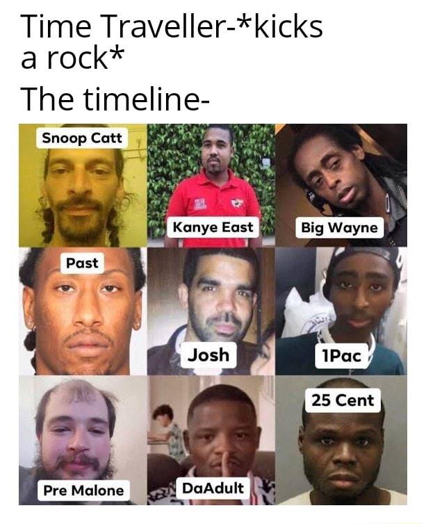 Time Traveller kicks a rock The timeline Kanye East i 8ig Woyne Pre Malone N DaAdult