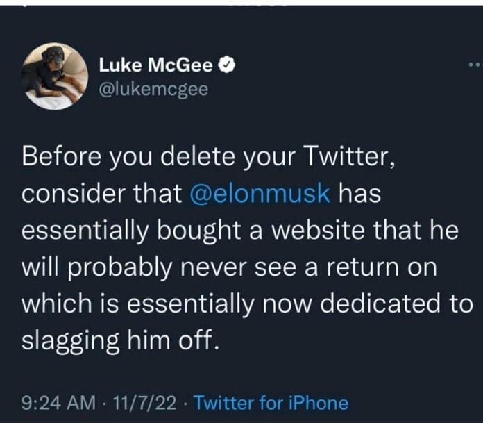 Luke McGee lukemcgee Before you delete your Twitter el EIle TR EIREIECIIIENS E T essentially bought a website that he will probably never see a return on WalTel WSTR o Yo To foX1 Te i o slagging him off 924 AM 11722 Twitter for iPhone