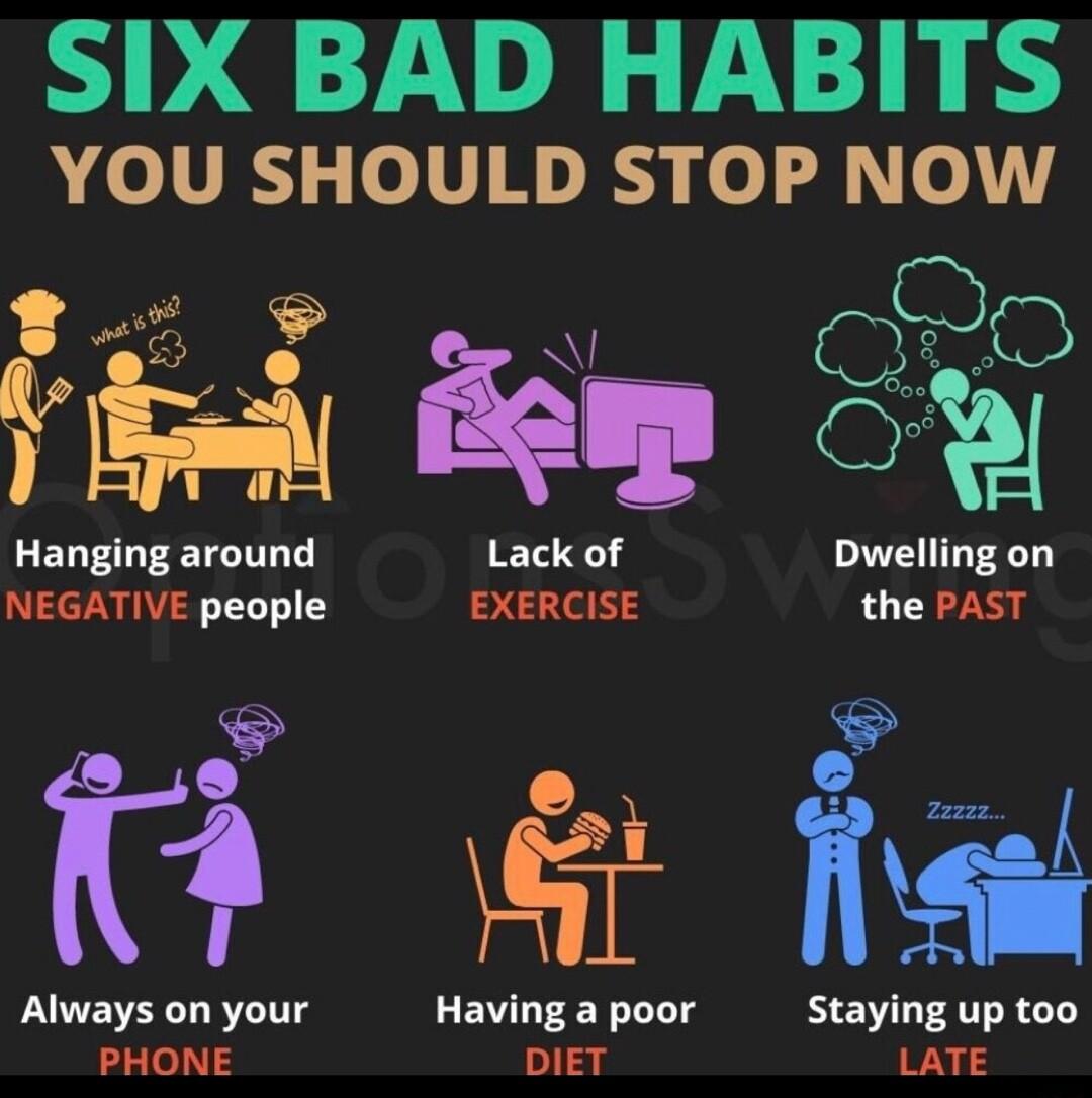 SIX BAD HABITS A VR o V1N Y o o1 2 3 3 ey EQup 8 Hanging around ET0 Dwelling on NEGATIVE people 201 3 the PAST Always on your Having a poor Staying up too PHONE DIET LATE