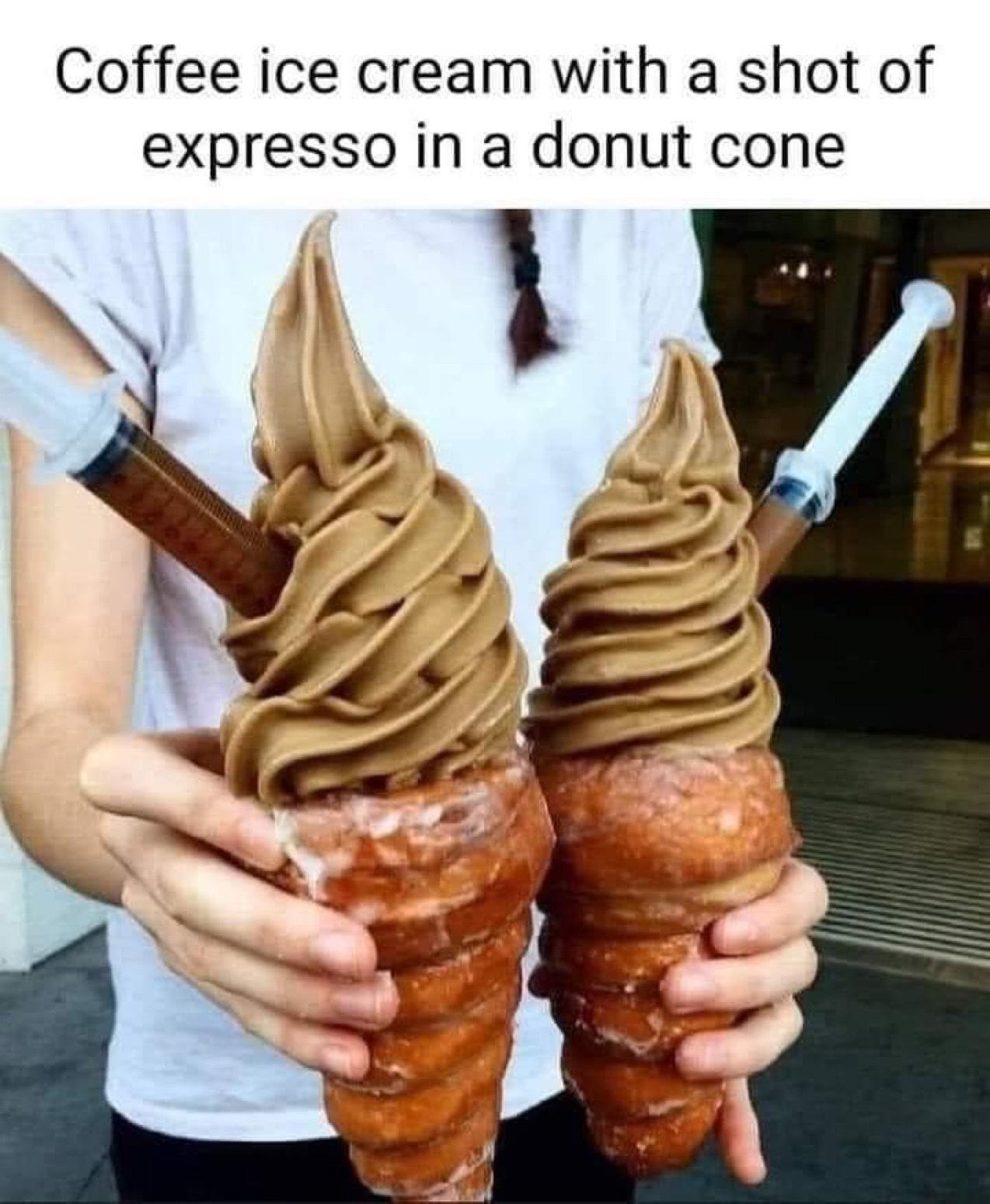 Coffee ice cream with a shot of expresso in a donut cone