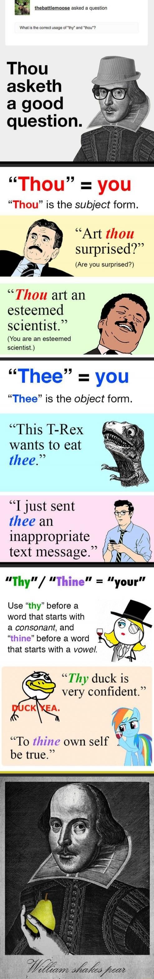 Thou asketh a good question.
.
“Thou” = you
“Thou” is the subject form.
“Art thou surprised?”
(Are you surprised?)
“Thou art an esteemed scientist.”
(You are an esteemed scientist.)
“”Thee” = you
“Thee” is the object form.
“This T-Rex wants to eat thee.”
I just sent thee an inappropriate text message.
“Thy” / “Thine” = “your”
Use “thy” before a wor