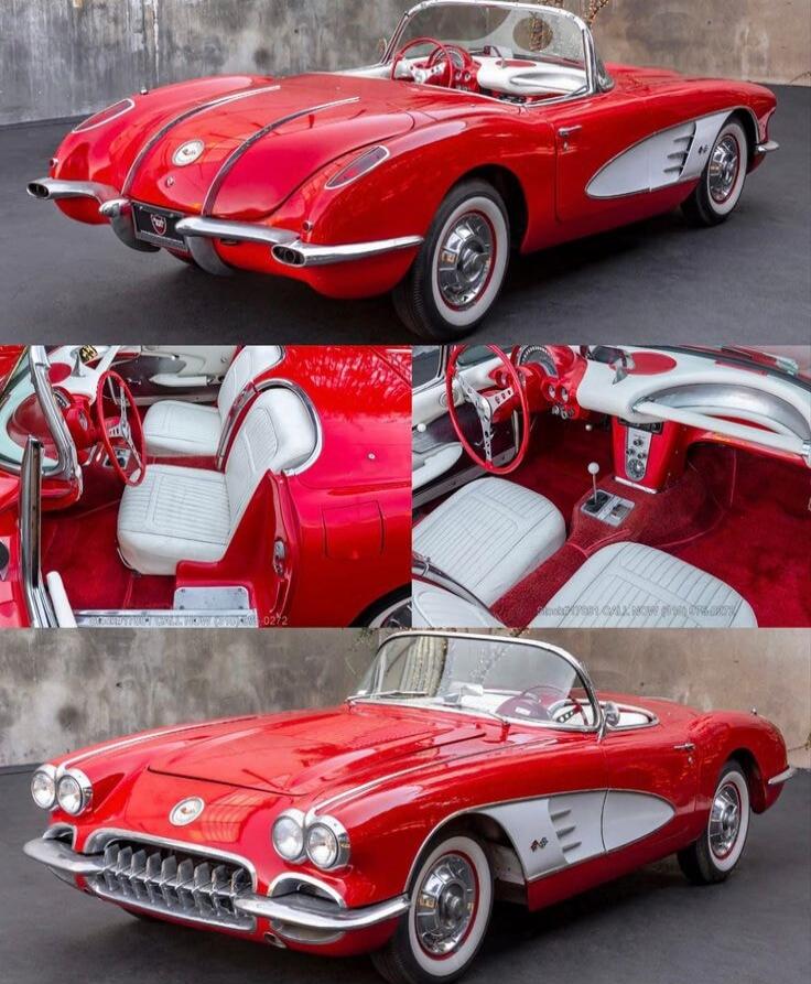 A classic red Chevrolet Corvette convertible, showcasing its exterior from the front and rear, and its interior with white seats and red dashboard.