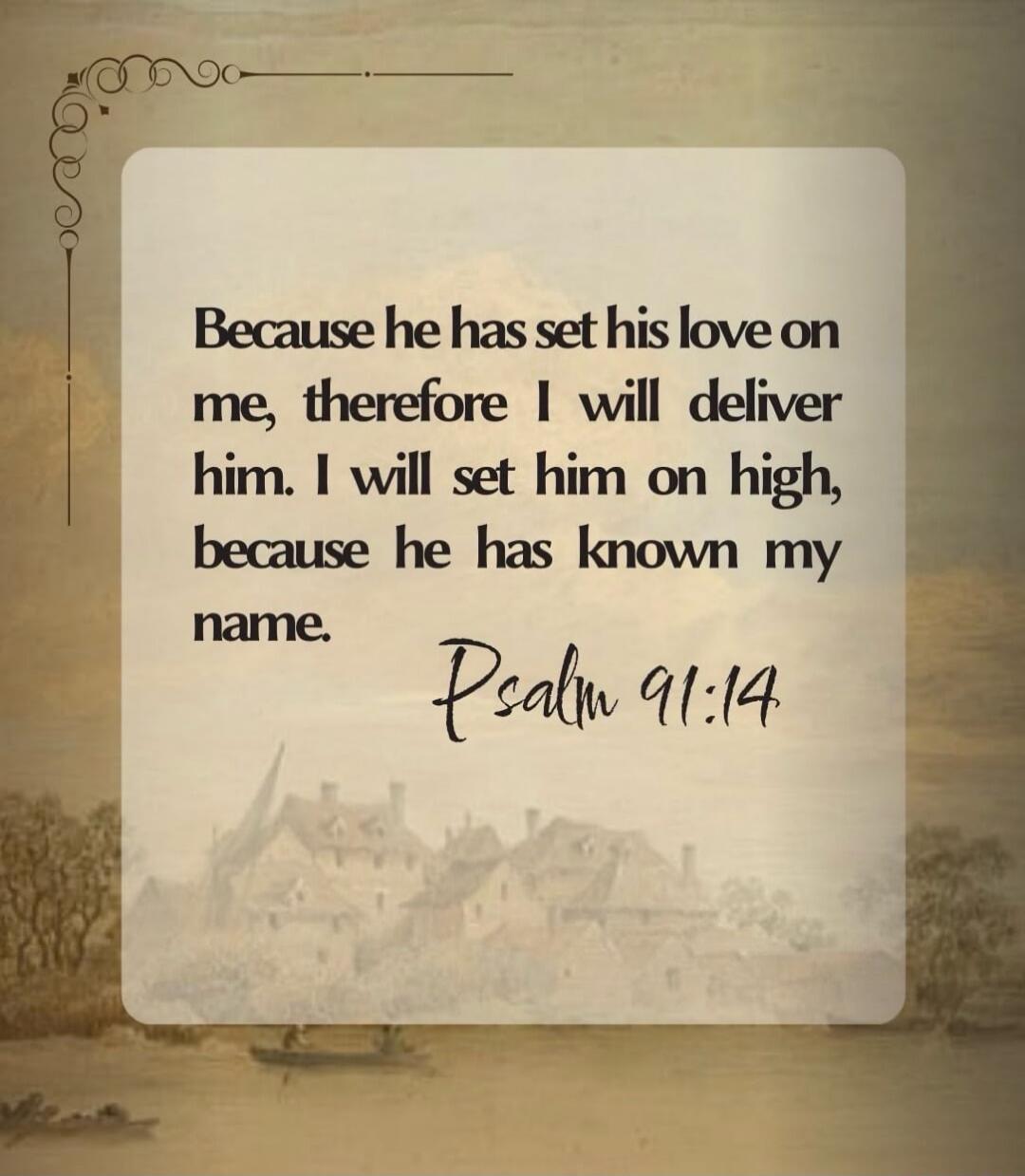 Because he has set his love on me, therefore I will deliver him. I will set him on high, because he has known my name. Psalm 91:14