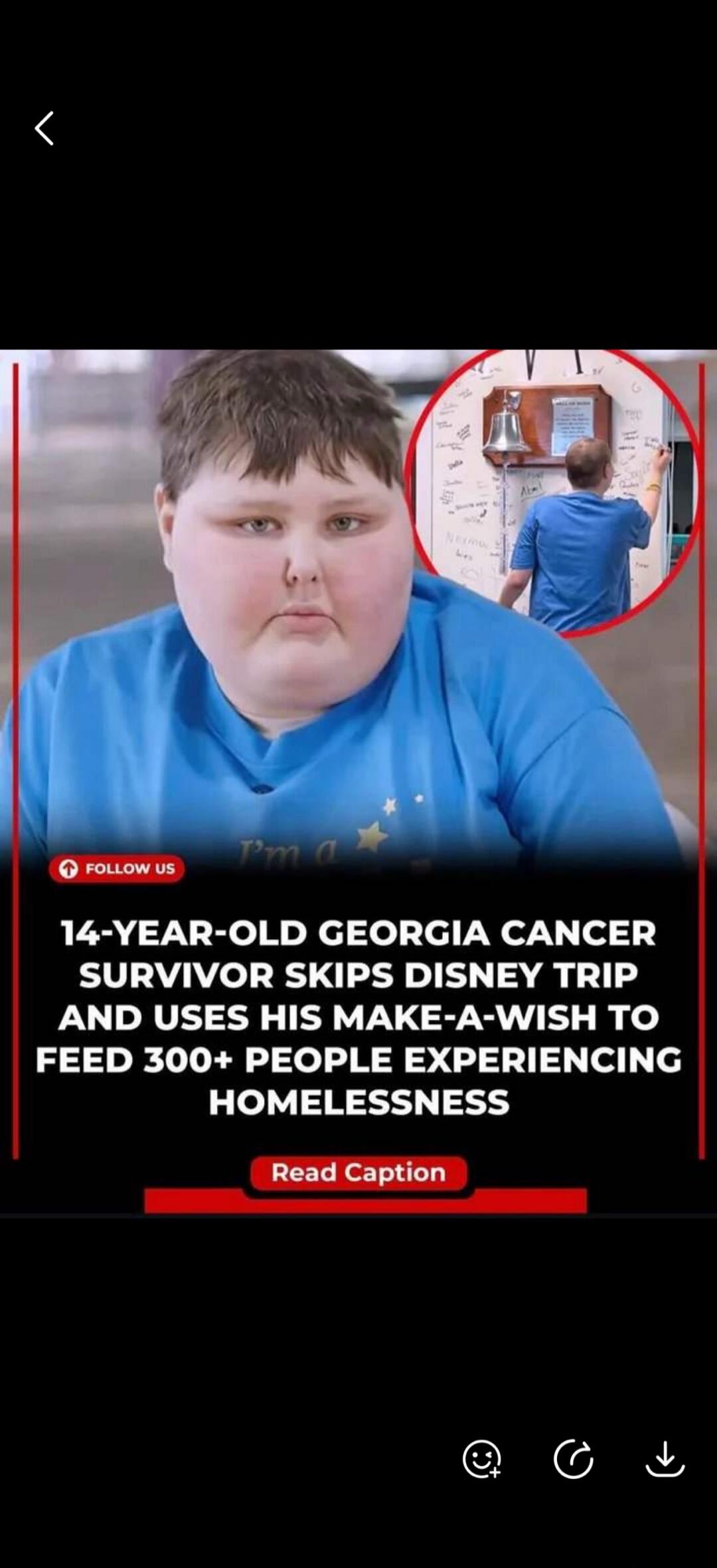14-year-old Georgia cancer survivor skips Disney trip and uses his Make-A-Wish to feed 300+ people experiencing homelessness.