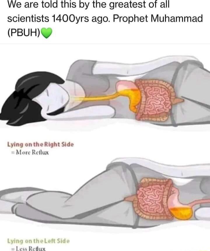 We are told this by the greatest of all scientists 1400yrs ago Prophet Muhammad PBUH Lying on theRight Side More Reflux Lying on theLeft Side