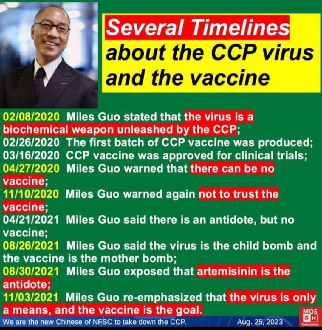Several Timelines about the CCP virus and the vaccine. 02/08/2020 Miles Guo stated that the virus is a biochemical weapon unleashed by the CCP; 02/26/2020 The first batch of CCP vaccine was produced; 03/16/2020 CCP vaccine was approved for clinical trials; 04/27/2020 Miles Guo warned that there can be no vaccine; 11/10/2020 Miles Guo warned again n