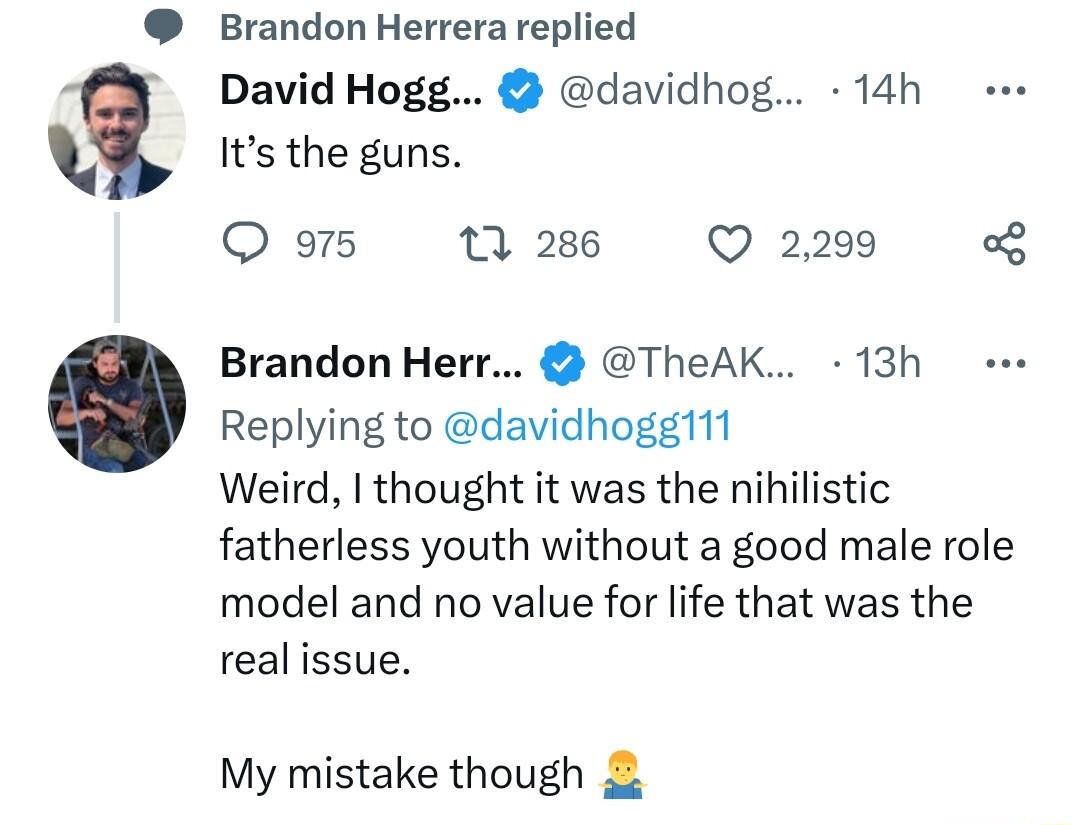 Brandon Herrera replied David Hogg davidhog 14h Its the guns Q 915 0 286 Q 2299 g Brandon Herr TheAK 13h Replying to davidhoggt11 Weird thought it was the nihilistic fatherless youth without a good male role model and no value for life that was the real issue My mistake though