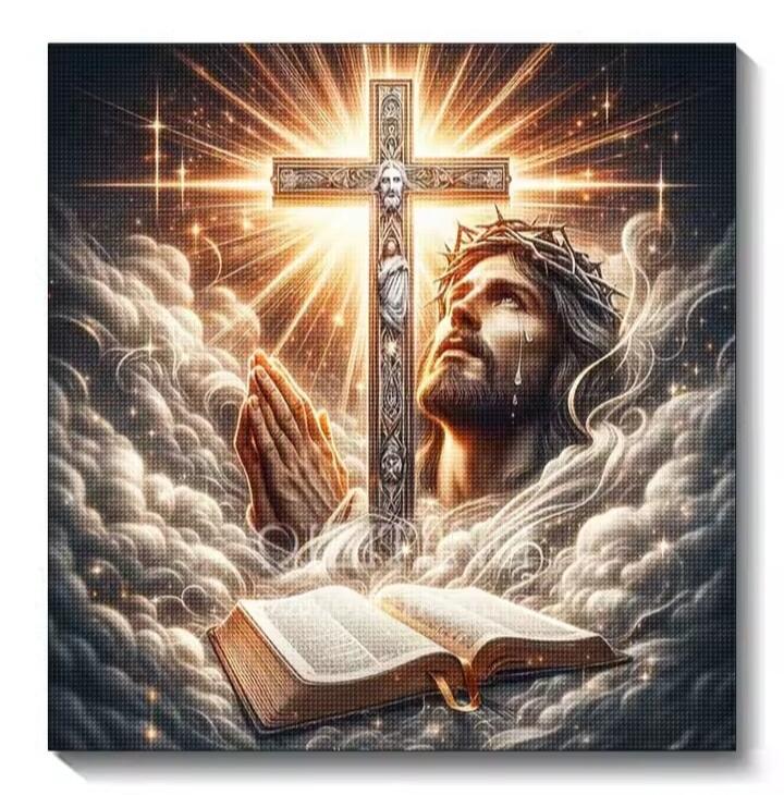 The image depicts a religious scene with Jesus Christ wearing a crown of thorns, looking upwards with tears in his eyes. A cross with divine light emanating from behind it stands prominently. In front of the cross, a pair of hands are clasped in prayer, and an open Bible rests below. The overall atmosphere is one of solemnity and divine presence, w