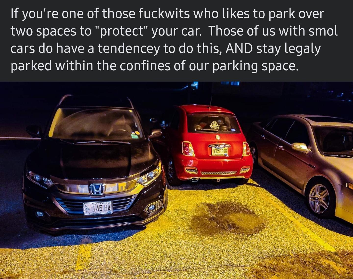 If youre one of those fuckwits who likes to park over two spaces to protect your car Those of us with smol I L EVEER L I TR R R TN D R e A T E 1 parked within the confines of our parking space