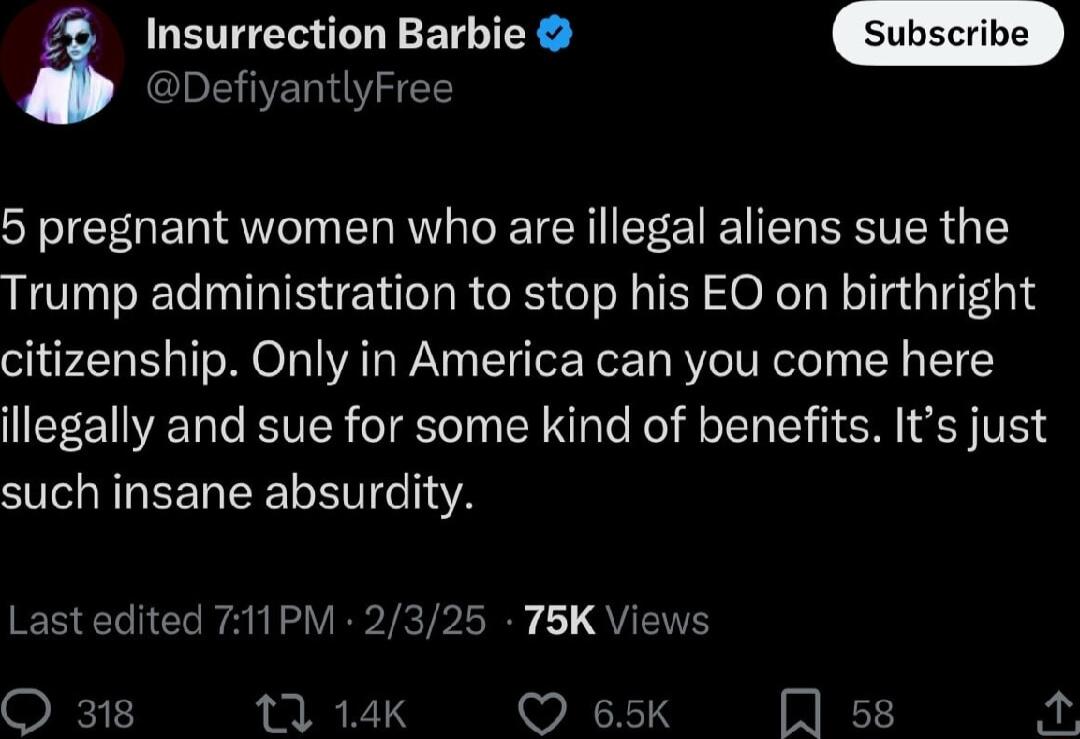 i Insurrection Barbie DefiyantlyFree 5 pregnant women who are illegal aliens sue the Trump administration to stop his EO on birthright citizenship Only in America can you come here illegally and sue for some kind of benefits Its just ST EENEEL LTI 711PM 2325 75K Views 13 14K Q 65K