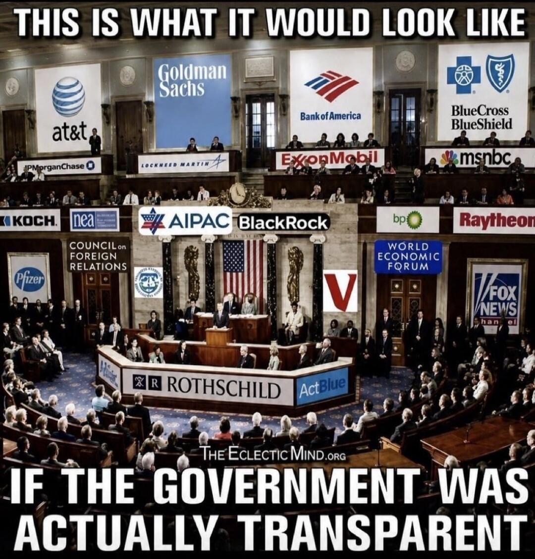 THIS IS WHAT IT WOULD LOOK LIKE IF THE GOVERNMENT WAS ACTUALLY TRANSPARENT. Logos visible: AT&T, JPMorgan Chase, Goldman Sachs, Lockheed Martin, Bank of America, ExxonMobil, BlueCross BlueShield, MSNBC, KOCH, NEA, Pfizer, Council on Foreign Relations, AIPAC, BlackRock, BP, World Economic Forum, Raytheon, FOX NEWS, Rothschild, ActBlue.