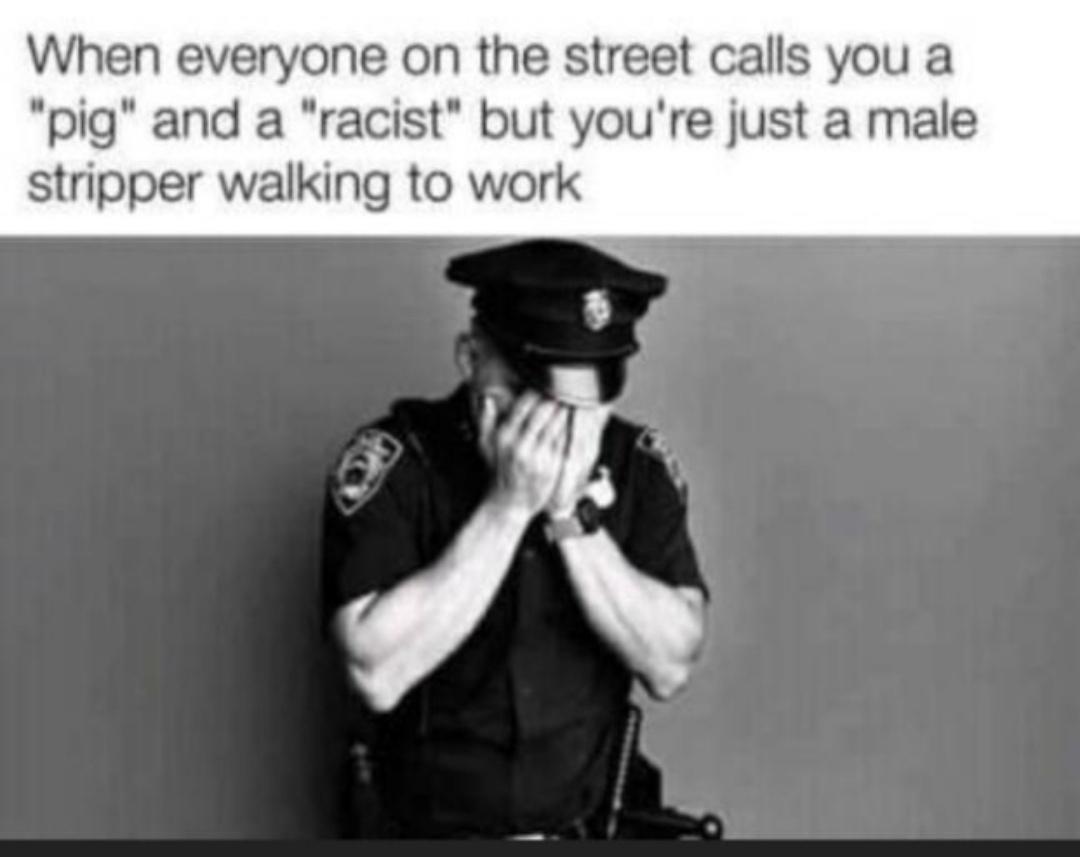 When everyone on the street calls you a pig and a racist but youre just a male stripper walking to work