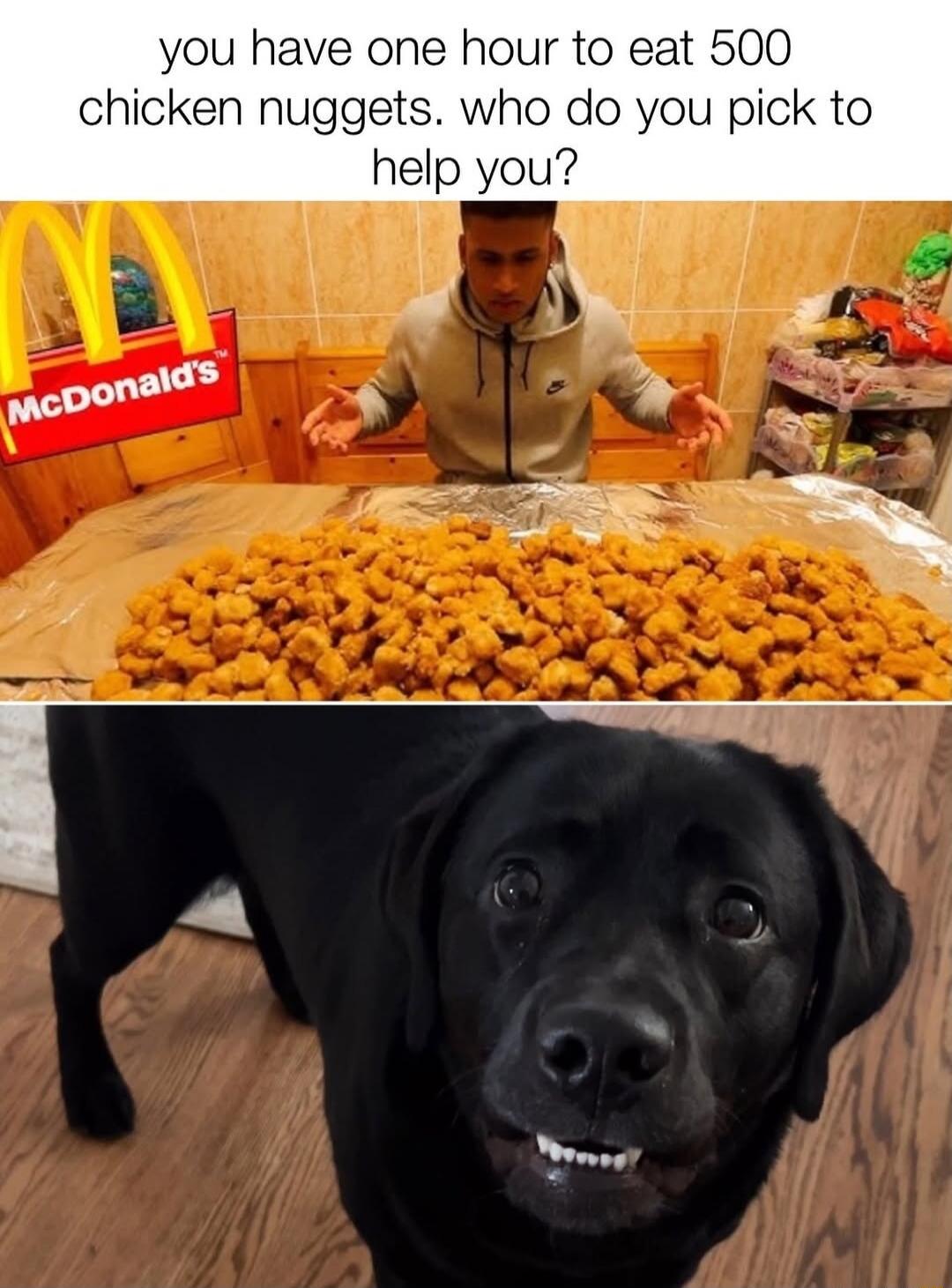 you have one hour to eat 500 chicken nuggets. who do you pick to help you? McDonald's