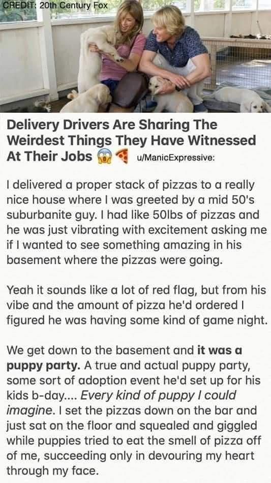 4 Delivery Drivers Are Sharing The Weirdest Things They Have Witnessed At Their Jobs 8 uManicExpressive delivered a proper stack of pizzas to a really nice house where was greeted by a mid 50s suburbanite guy had like 50Ibs of pizzas and he was just vibrating with excitement asking me if wanted to see something amazing in his basement where the pizzas were going Yeah it sounds like a lot of red fl