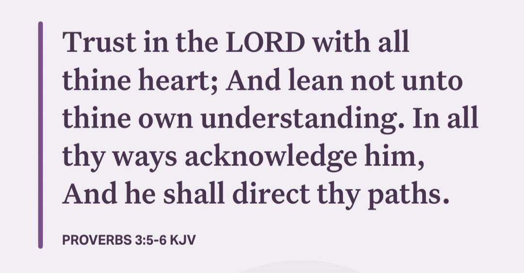 Trust in the LORD with all thine heart; And lean not unto thine own understanding. In all thy ways acknowledge him, And he shall direct thy paths. PROVERBS 3:5-6 KJV