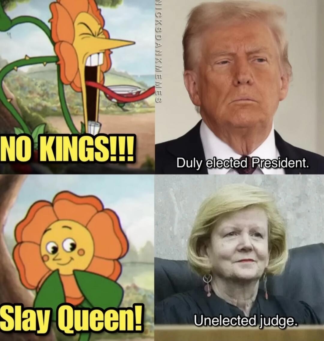 NO KINGS!!! Slay Queen! Duly elected President. Unelected judge.